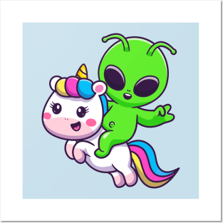 Cute Alien Riding Unicorn Cartoon Posters and Art